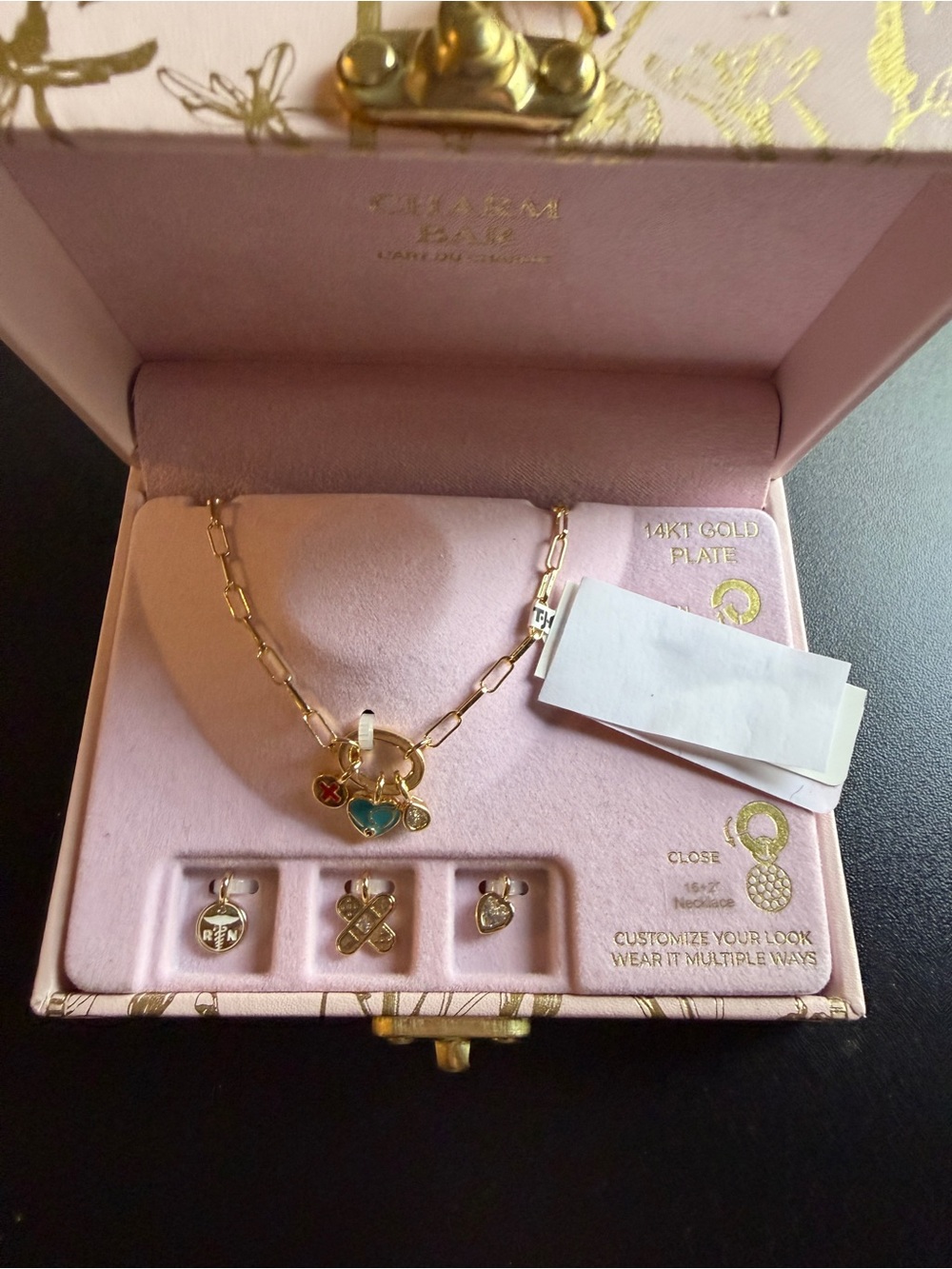 New Charmbar Gold Tone 6 Charm Necklace Link Nurse Medical Charms Crystals